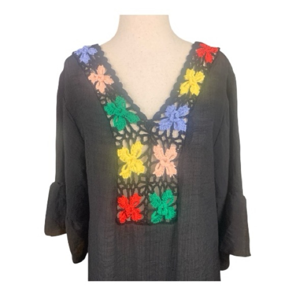Black Beach Cover‎ Up Colorful Floral Embroidered V-Neck Semi Sheer Size OS
